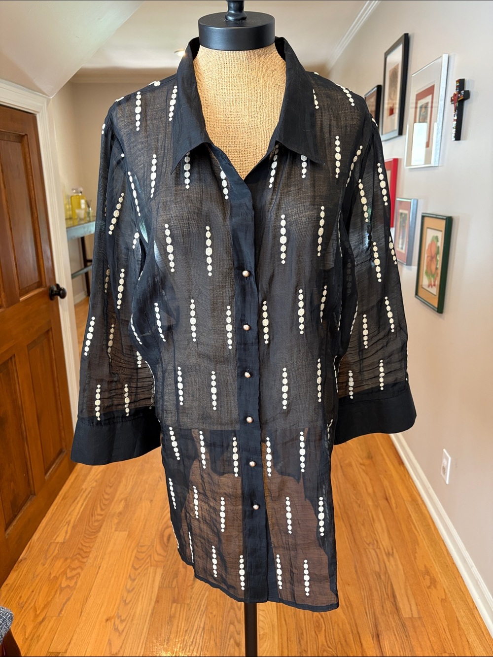 Black Sheer Button-Up Blouse with Beige Dot Stripe Detail